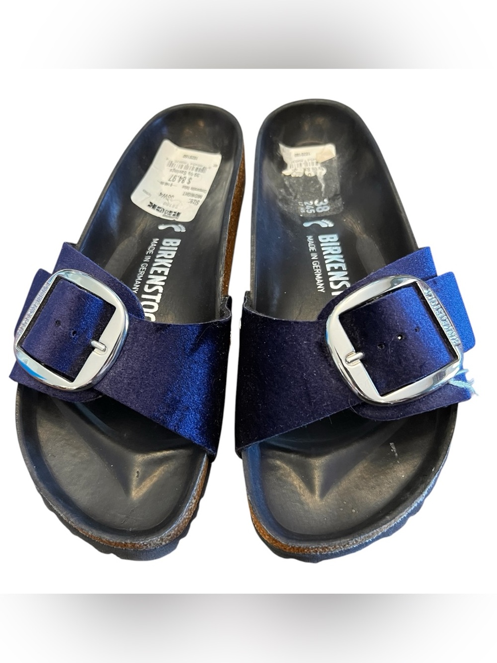 Birkenstock Madrid Big Buckle Velvet Midnight Sandals Blue Sz 38, US 7 - 7 1/2”